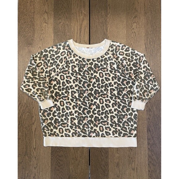 Free People Go On Get It Leopard Pullover Top Sweatshirt Women’s Sz S Oversized - Picture 1 of 10